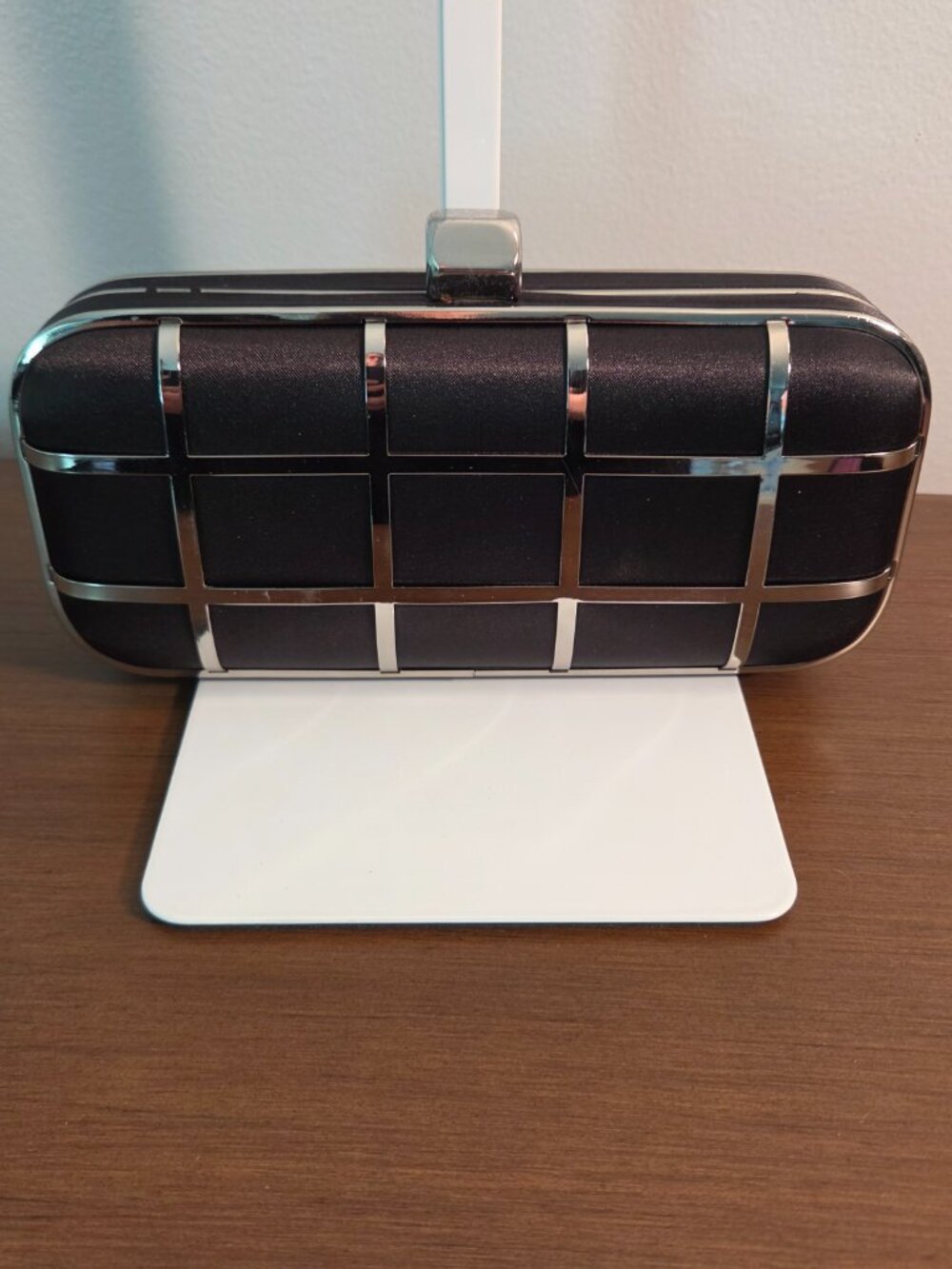 GLINT NORDSTROM BLACK AND SILVER-TONE GRID CAGE OVERLAY CLUTCH OR CROSSBODY PURS